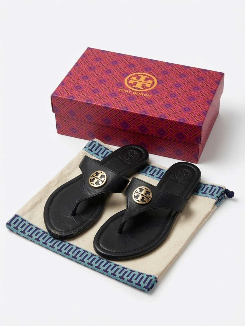 Tory Burch Black Leather Miller Thong Logo Flat Sandals Size 7.5 Gold Hardware
